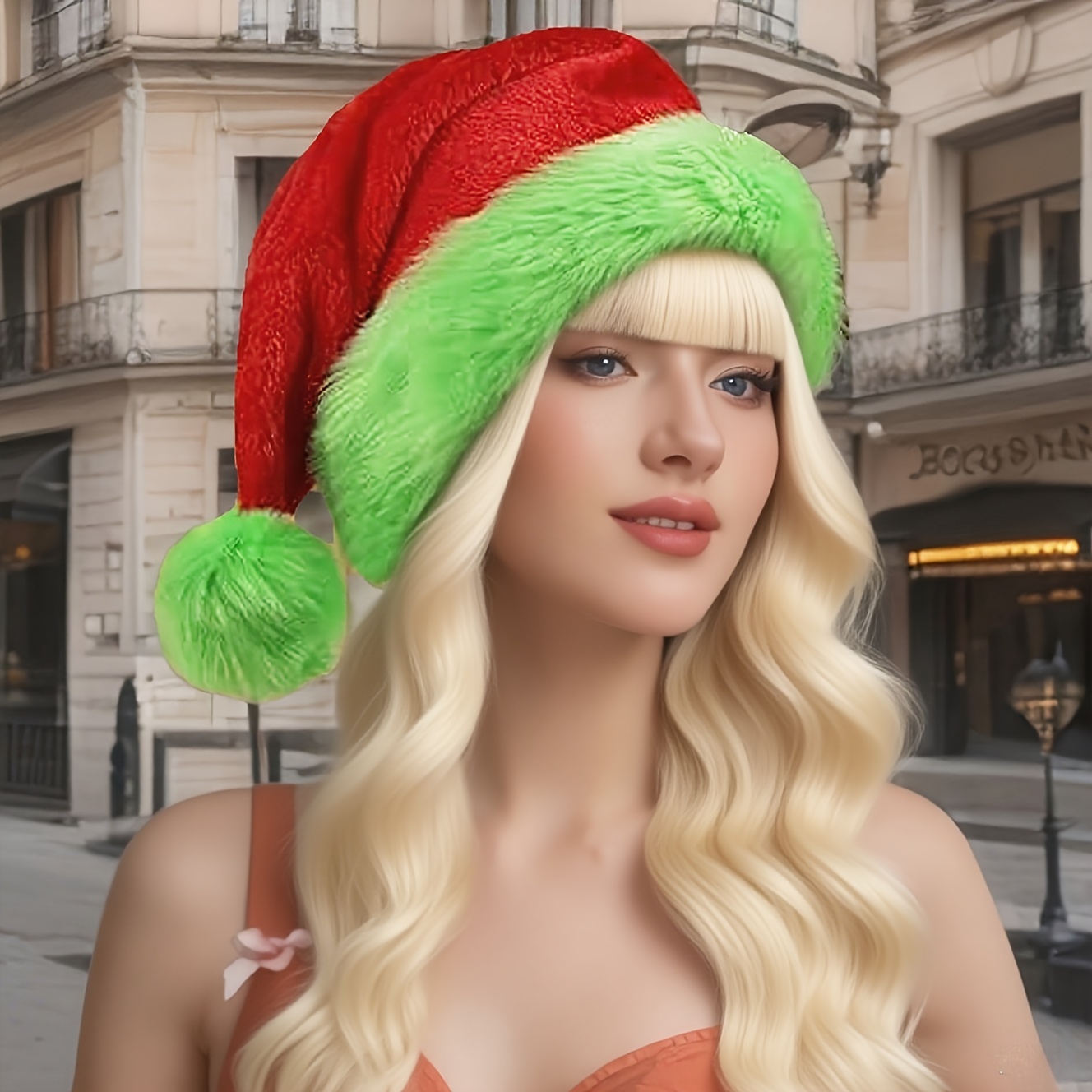 Santa Hat Plush - Topi Santa Merah Berpinggiran Hijau Fluoresen,